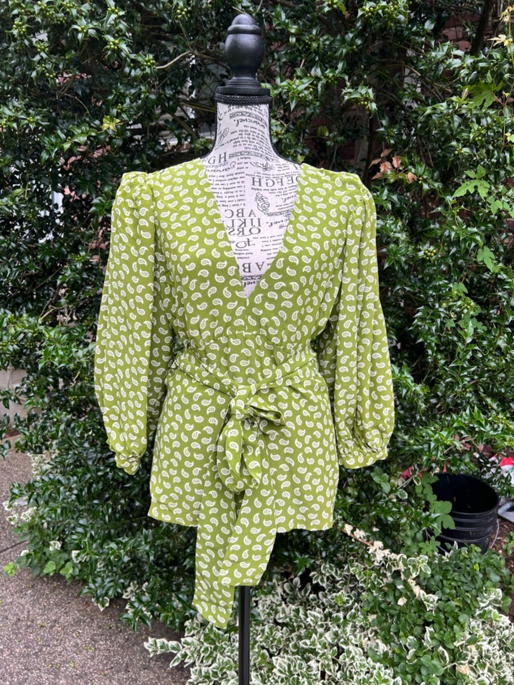 Attic & Barn Olive Green Paisley Wrap Blouse Balloon Sleeves IT44 US M